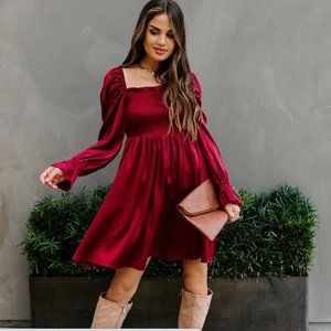NWOT VICI Sleigh Bell Satin Smocked Dress - Maroon